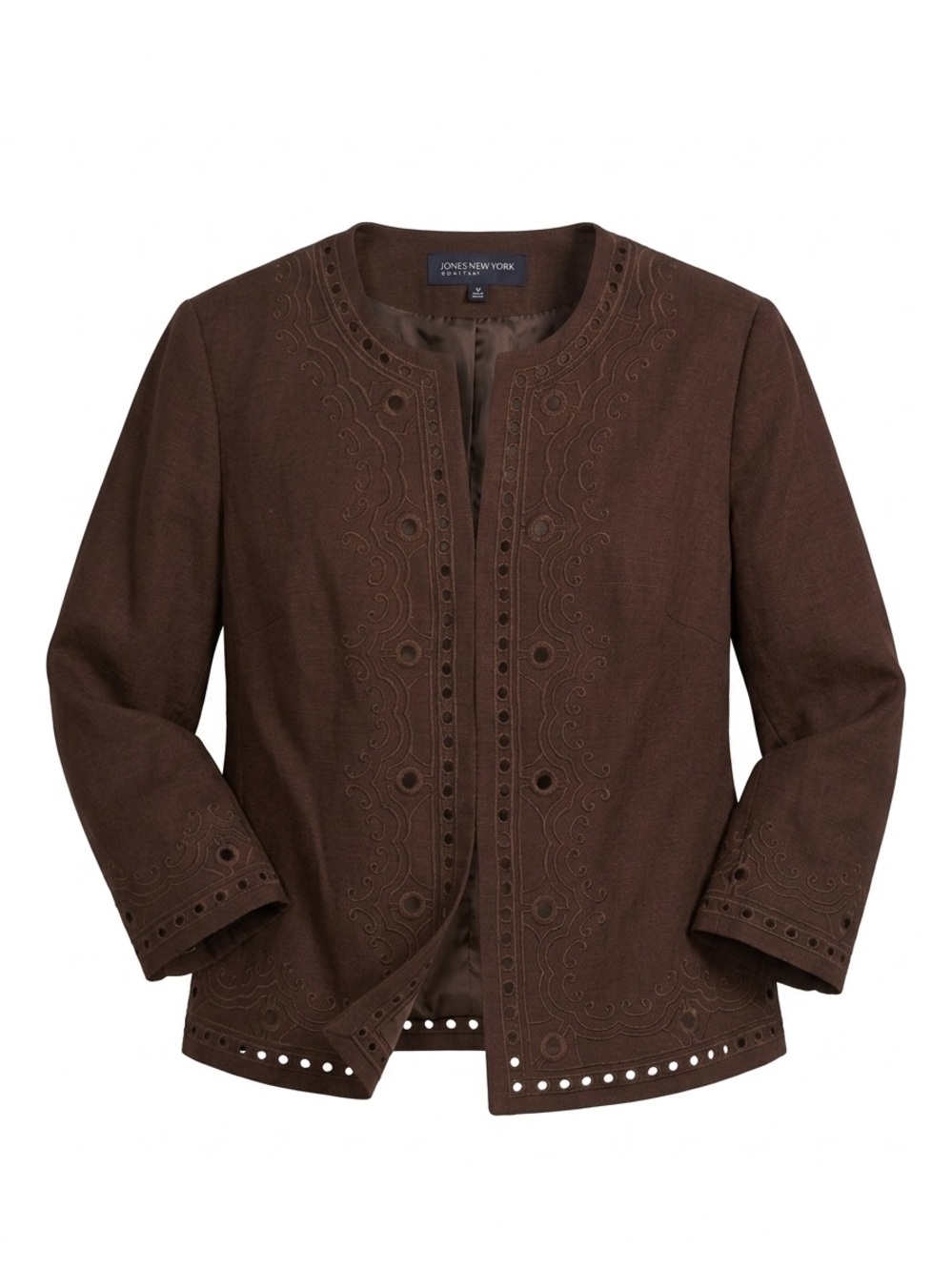 Jones New York Brown Linen Embroidered Eyelet 3/4 Sleeve Boho Chic Jacket 12